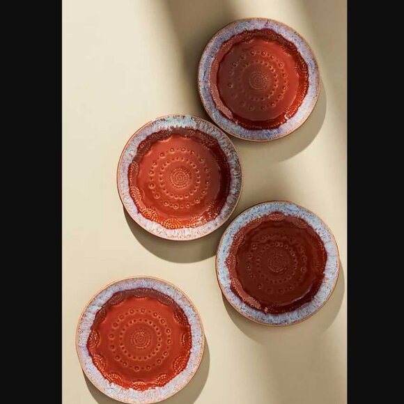 New Set of 4 Anthropologie Old Havana Bread Plates in Spice Red made in Portugal - Picture 1 of 8